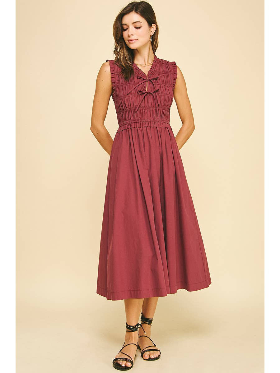 Front-Tie Smocking Midi Dress
