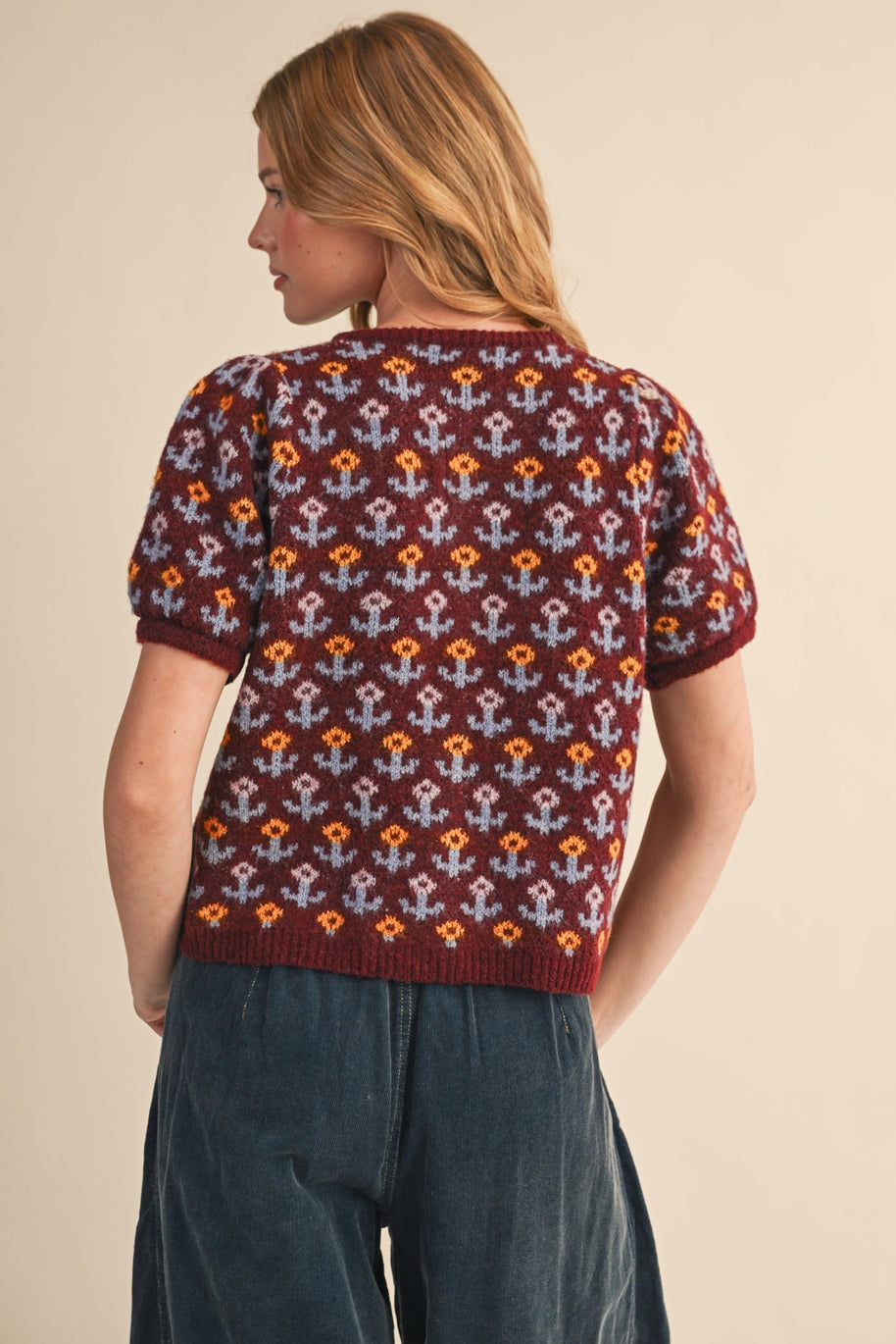 Floral Short Sleeve Sweater Cardigan