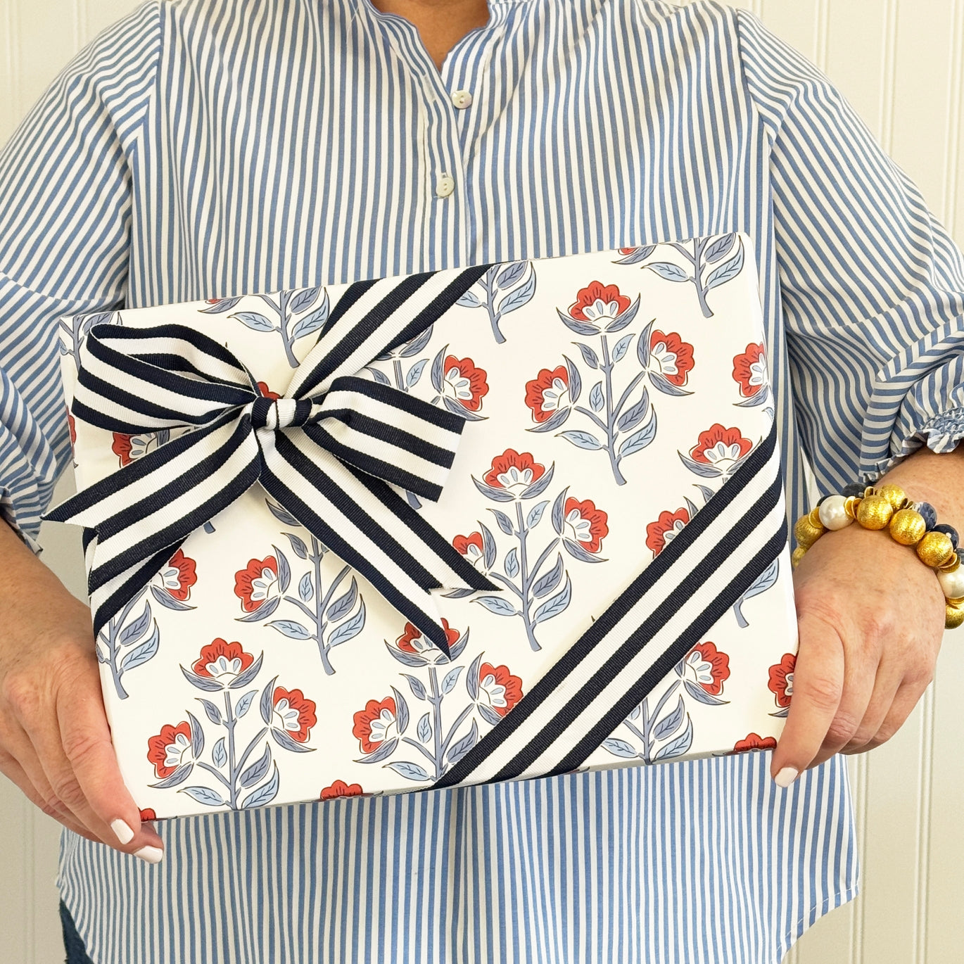 Red Floral Block Print Gift Wrap