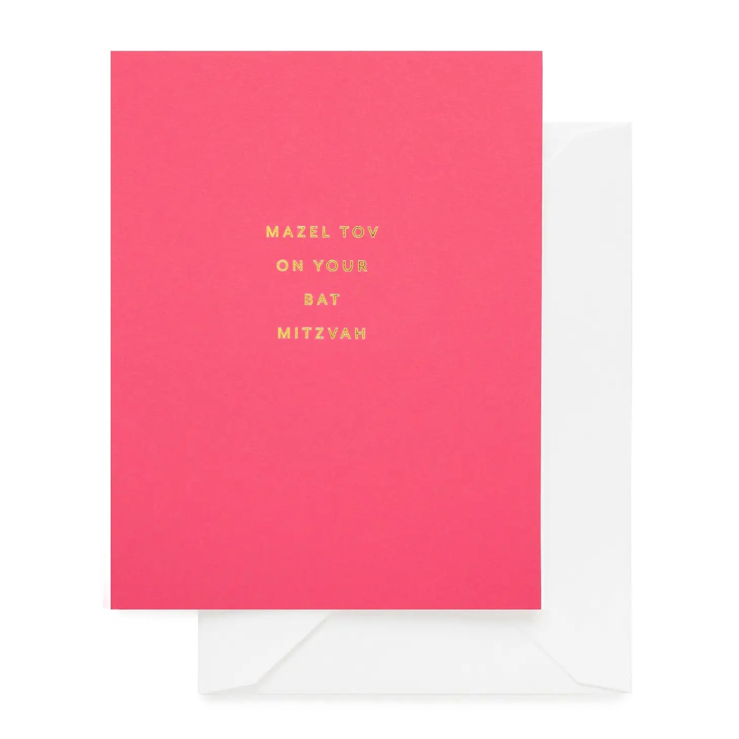 A red folded greeting card with yellow text 'MAZEL TOV ON YOUR BAT MITZVAH' printed on the front, accompanied by a crisp white envelope.