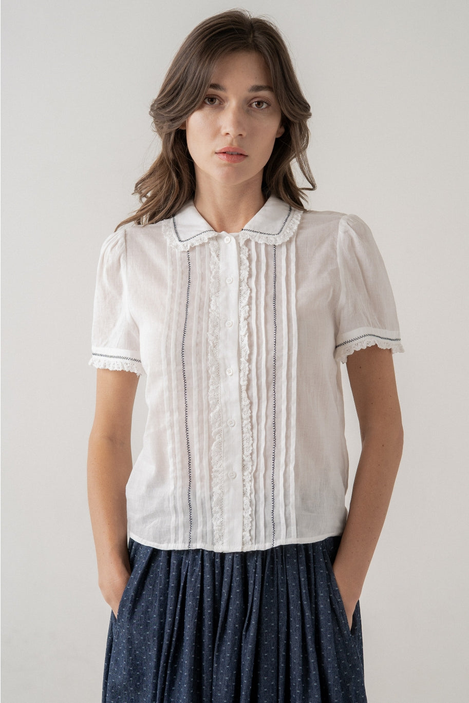 Lace Trim Button-Up Blouse