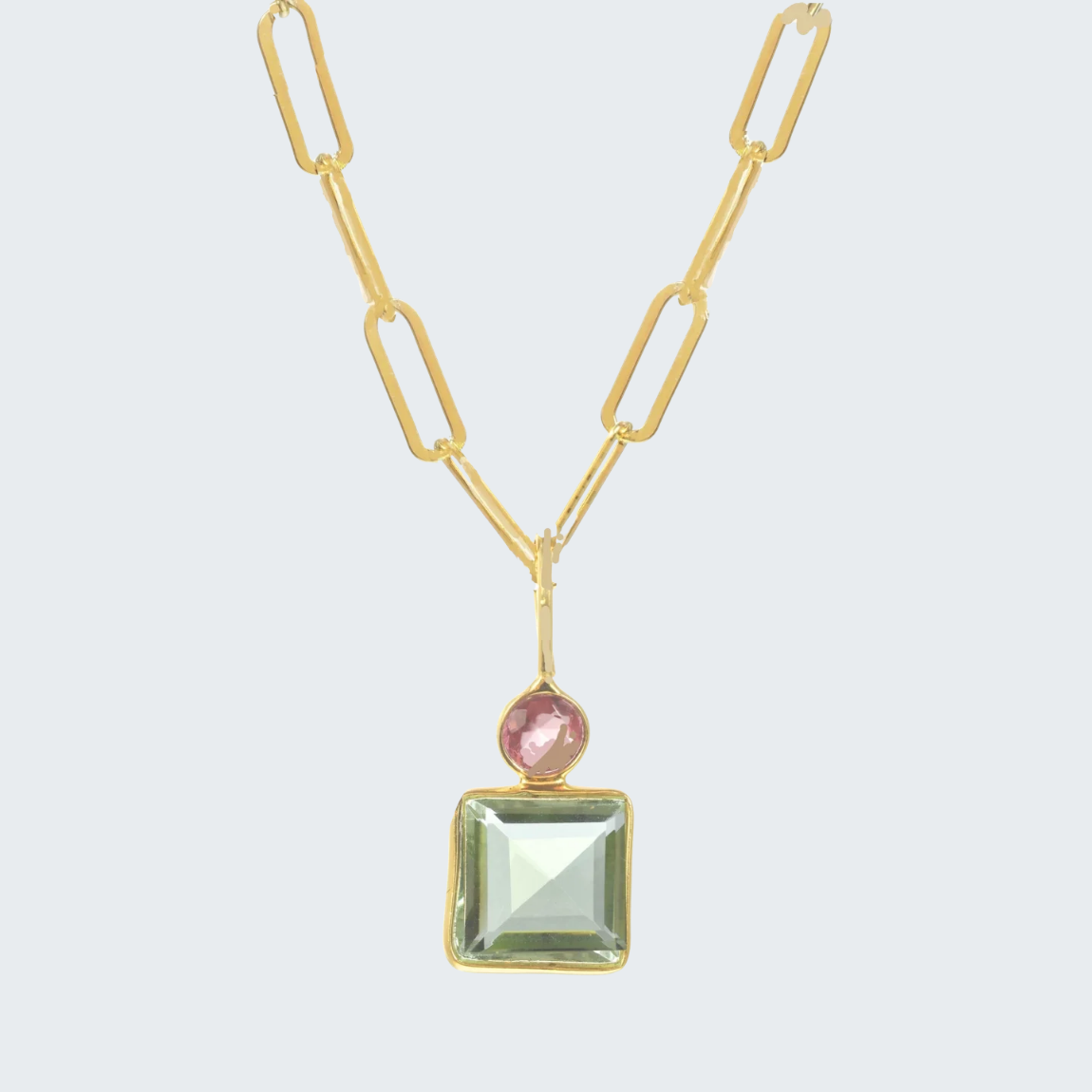Pink and Sea Foam Green Quartz Bezel Necklace