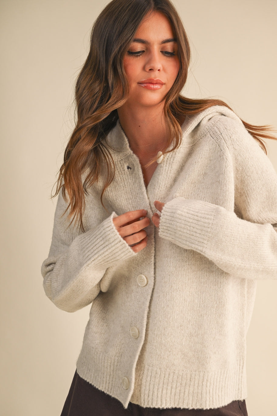 Button Down Knit Cardigan with Hoodie