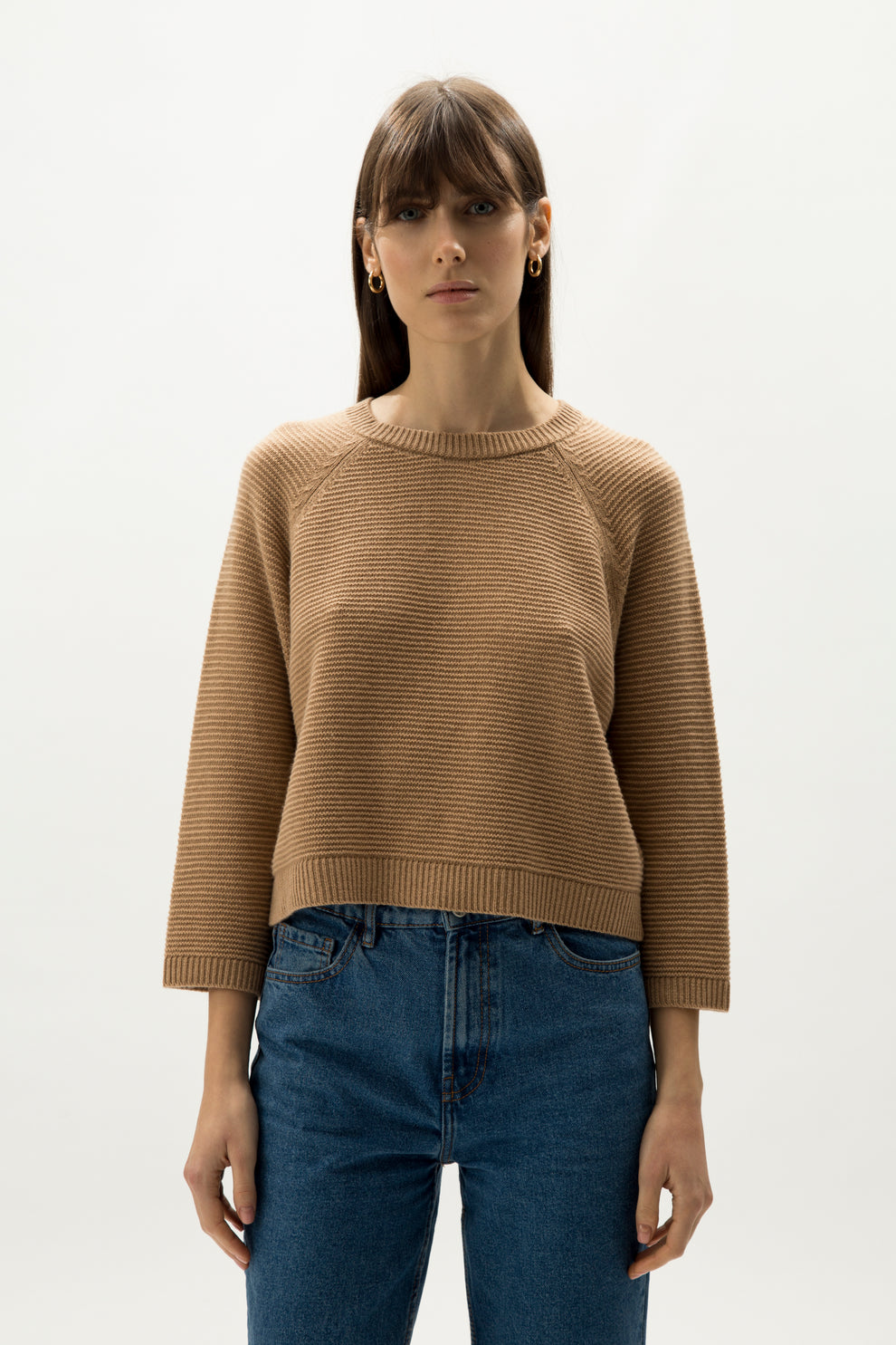 Cashmere Blend Cropped 3/4 Sleeve Pullover