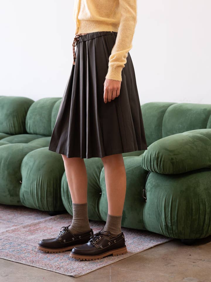 Drawstring Pleated Midi Skirt