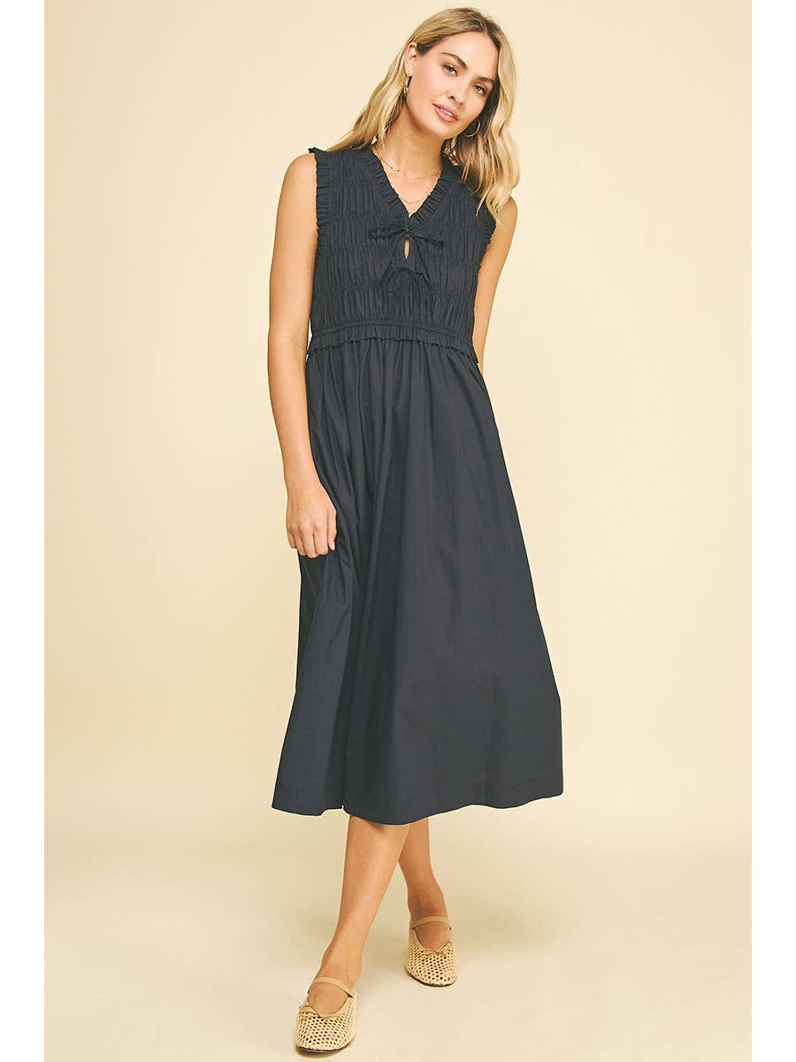Front-Tie Smocking Midi Dress
