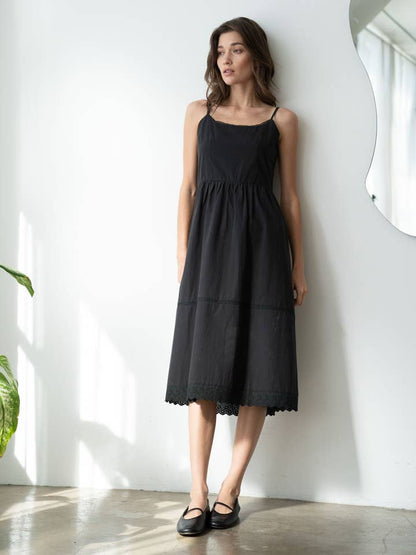 Lace Trimmed Poplin Midi Dress