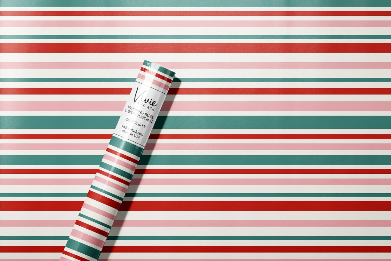 Red Green and Pink Christmas Stripe Wrapping Paper