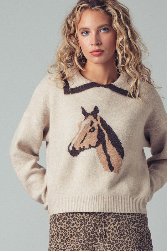 Equestrian Horse Intarsia Knit Sweater