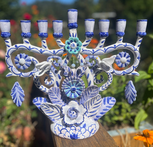 Majolica Blue and White Glazed Menorah