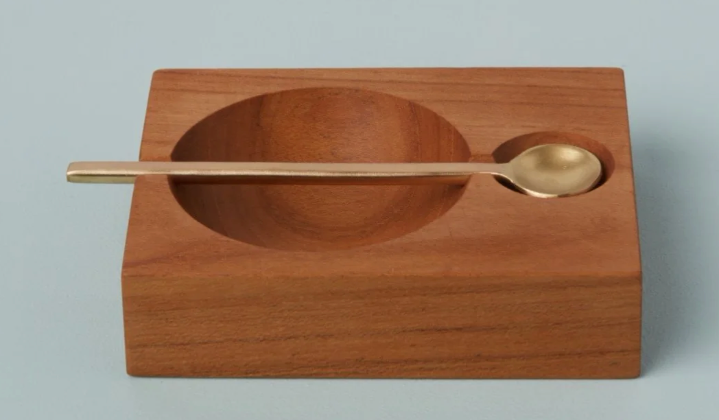Teak Plank Spice Cellar with Gold Spoon