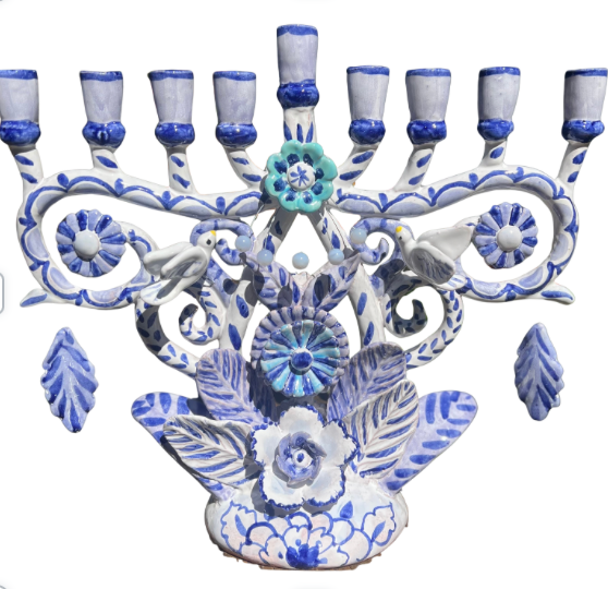 Majolica Blue and White Glazed Menorah