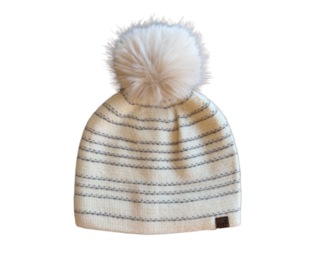Cream Stripe Beanie with Pom