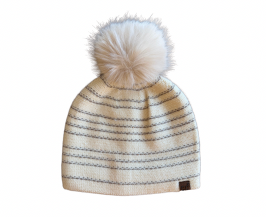 Cream Stripe Beanie with Pom