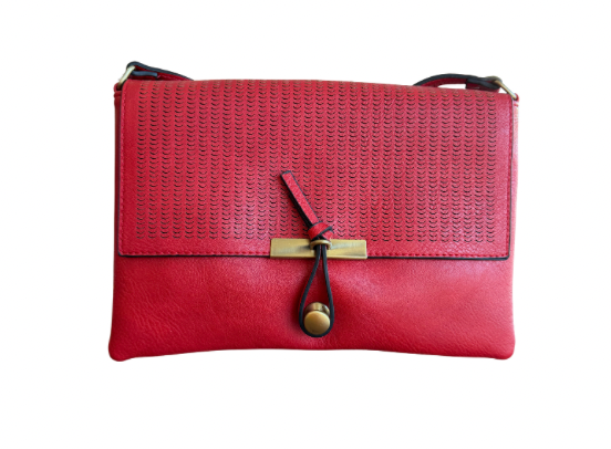 Red woven handbag with a gold clasp on a white background