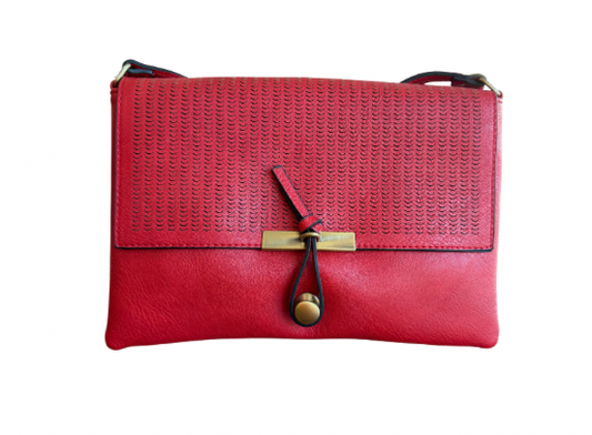 Red woven handbag with a gold clasp on a white background