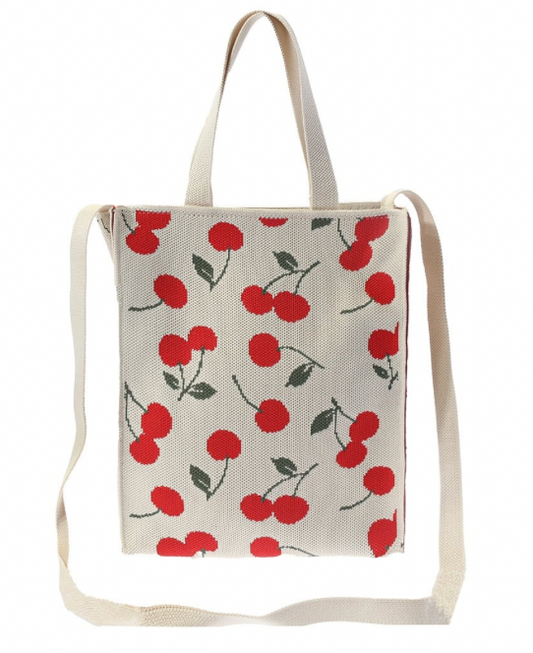Tote bag with cherry pattern on a white background