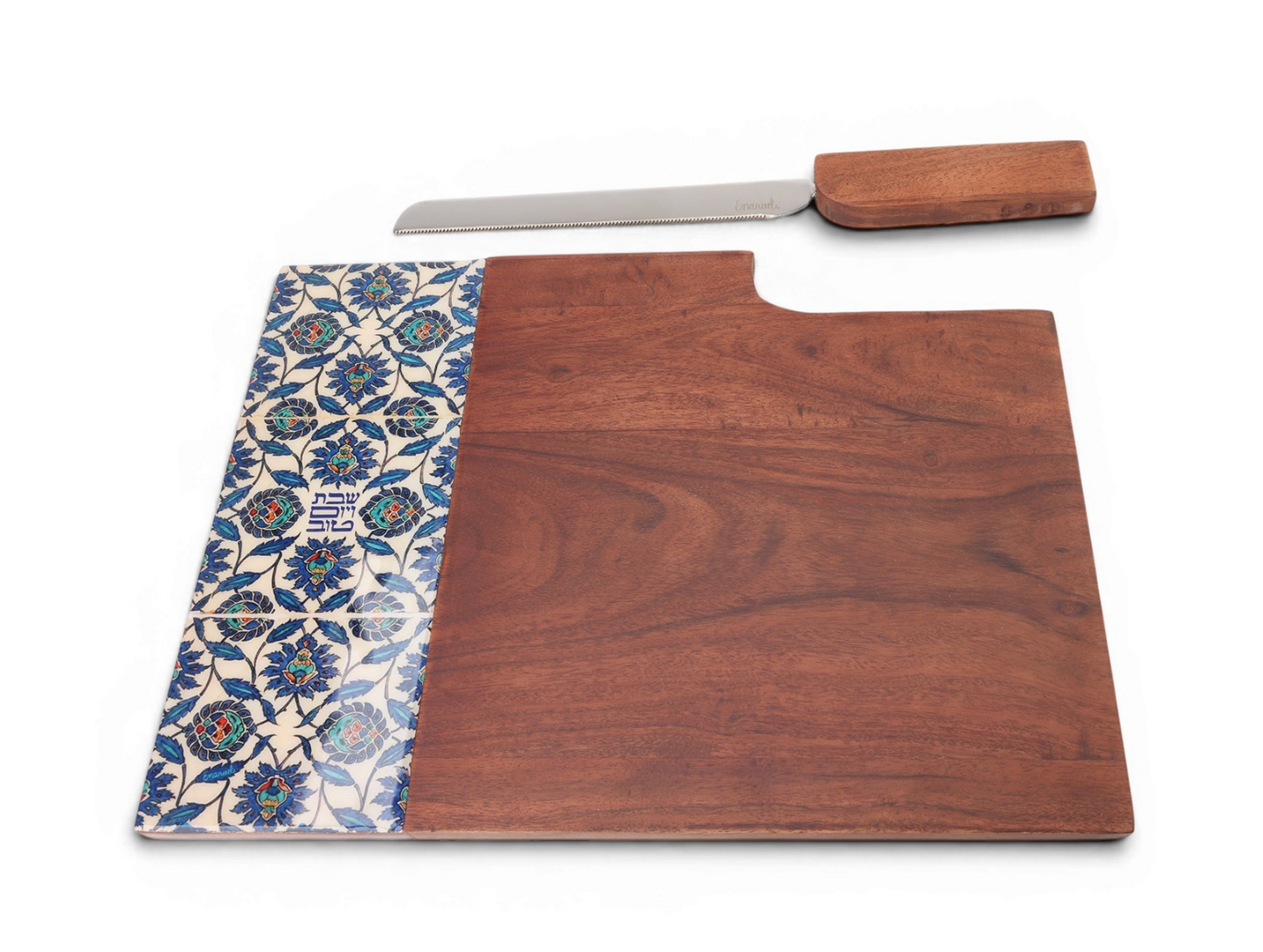 Split-Design Wooden Challah Board with Integrated Knife