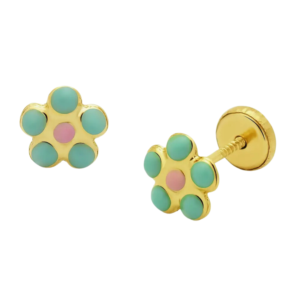 14k Green and Pink Flower Screwback Earrings