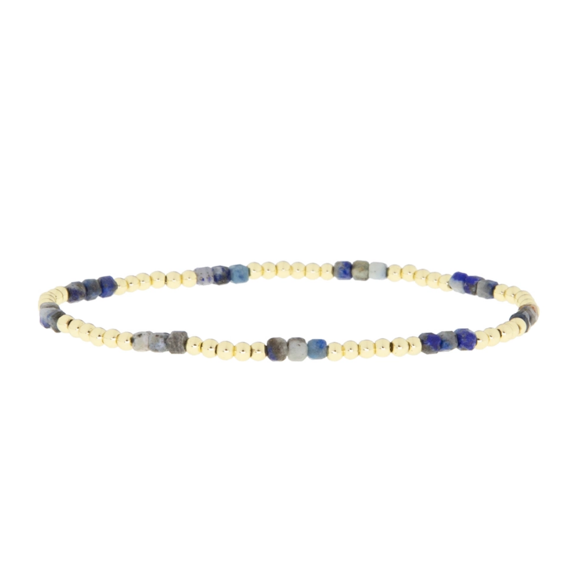 Bracelet with gold and blue beads on a white background