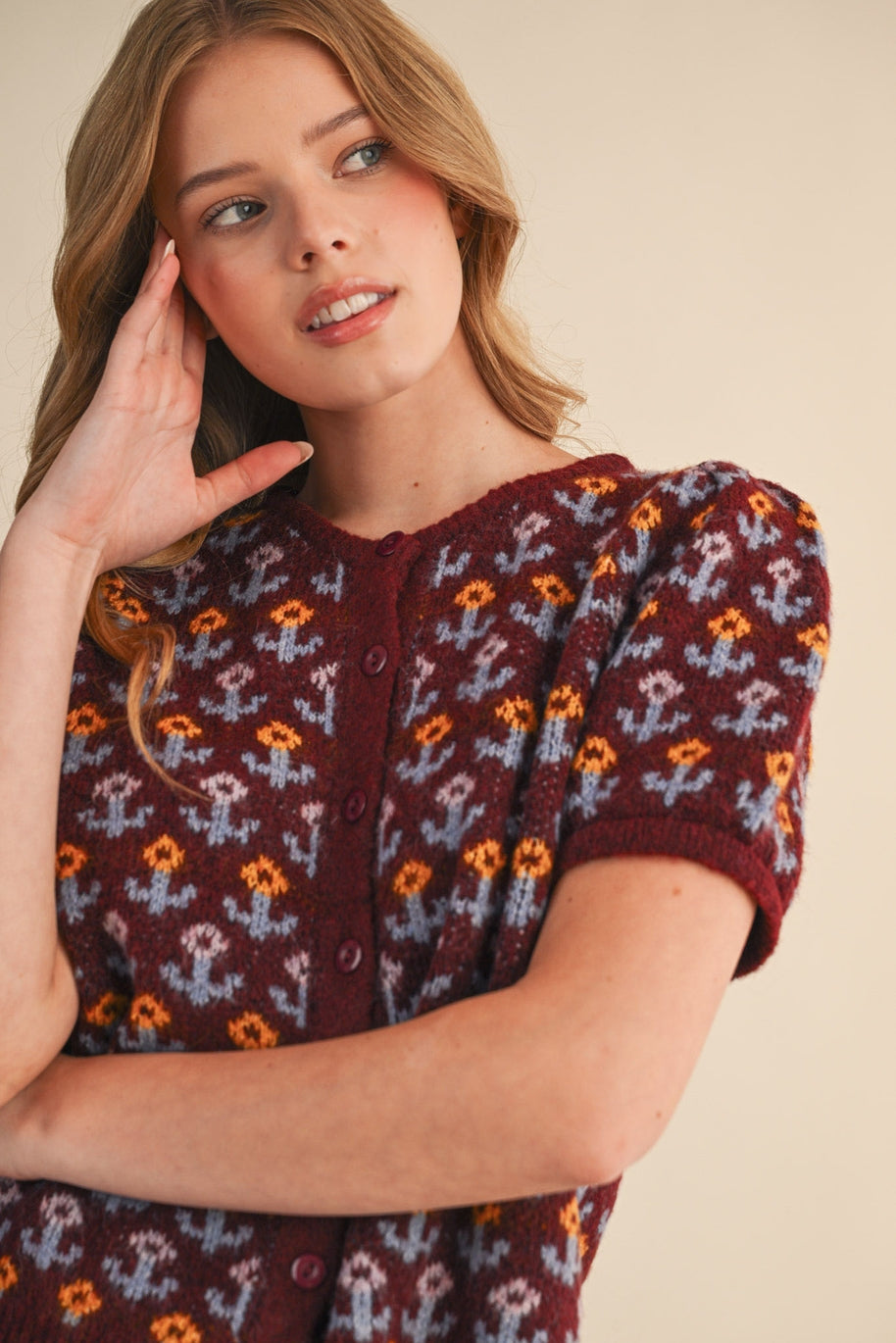 Floral Short Sleeve Sweater Cardigan