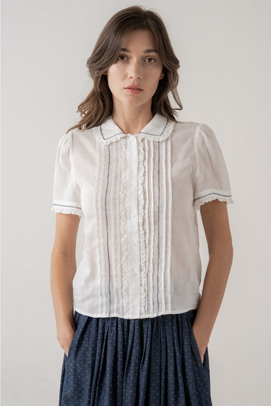 Lace Trim Button-Up Blouse