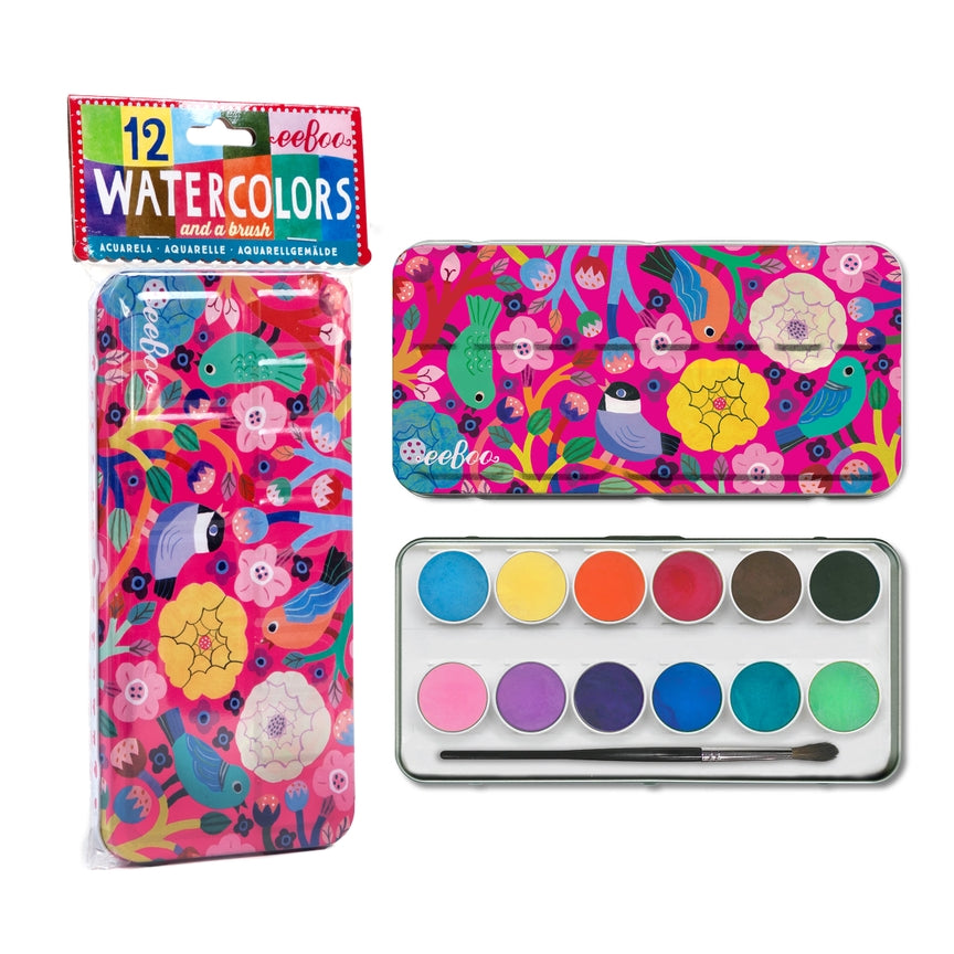 Birds in Fuchsia Watercolors Tin