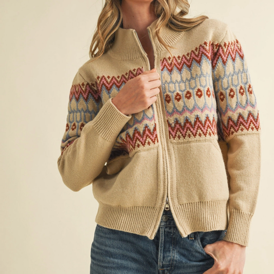 Fair Isle Zip Up Sweater Cardigan