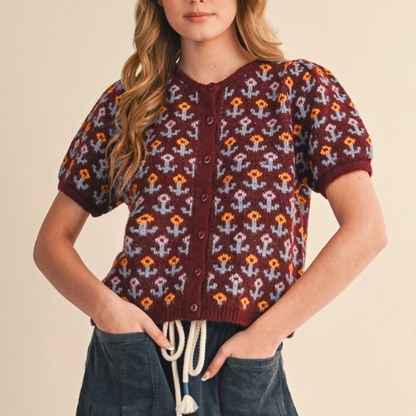 Floral Short Sleeve Sweater Cardigan