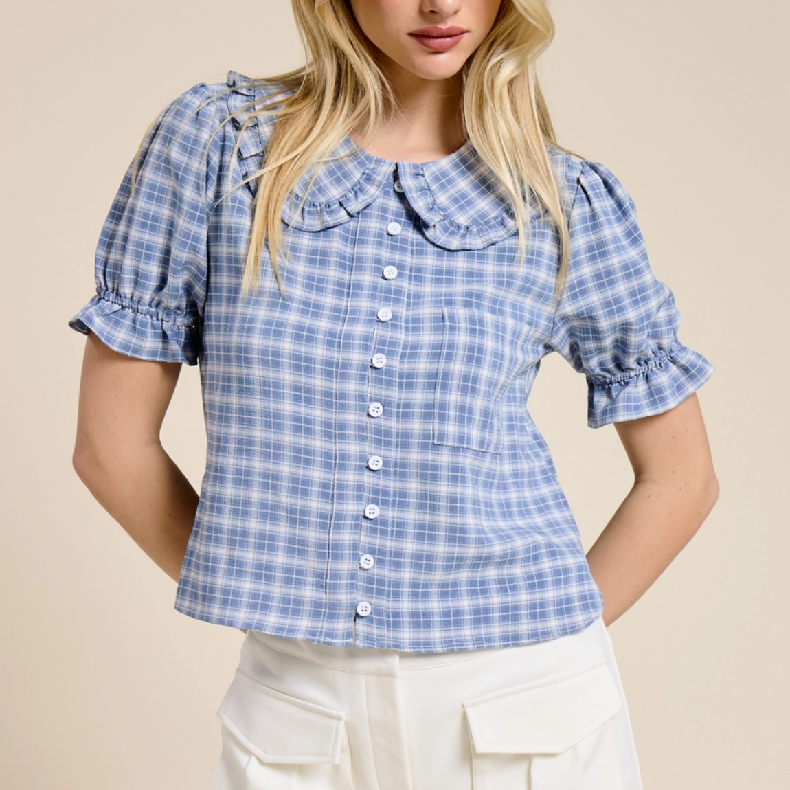 Plaid Ruffle Button Down Blouse