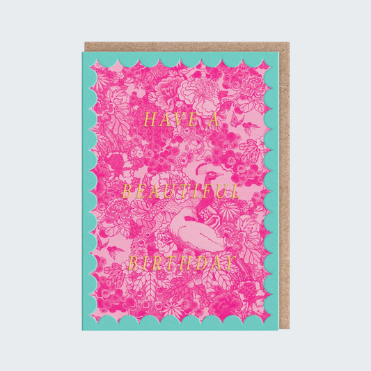 Scalloped Pink Peacock Birthday Card