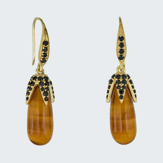 Tigers Eye Teardrop Earrings with Zirconia Accents