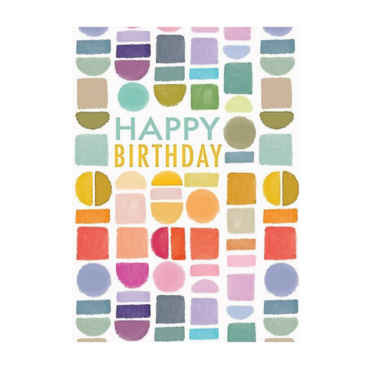 Colorful birthday card with geometric shapes and 'Happy Birthday' text on a white background