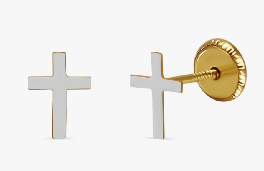 18k Gold White Cross Screwback Earrings