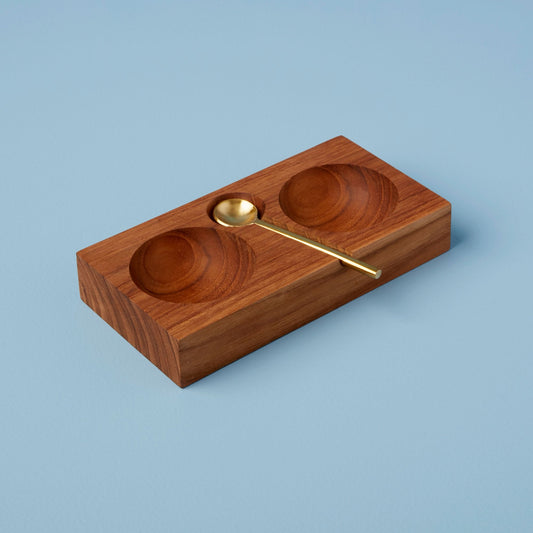 Teak Plank Salt & Pepper Cellar with Gold Spoon