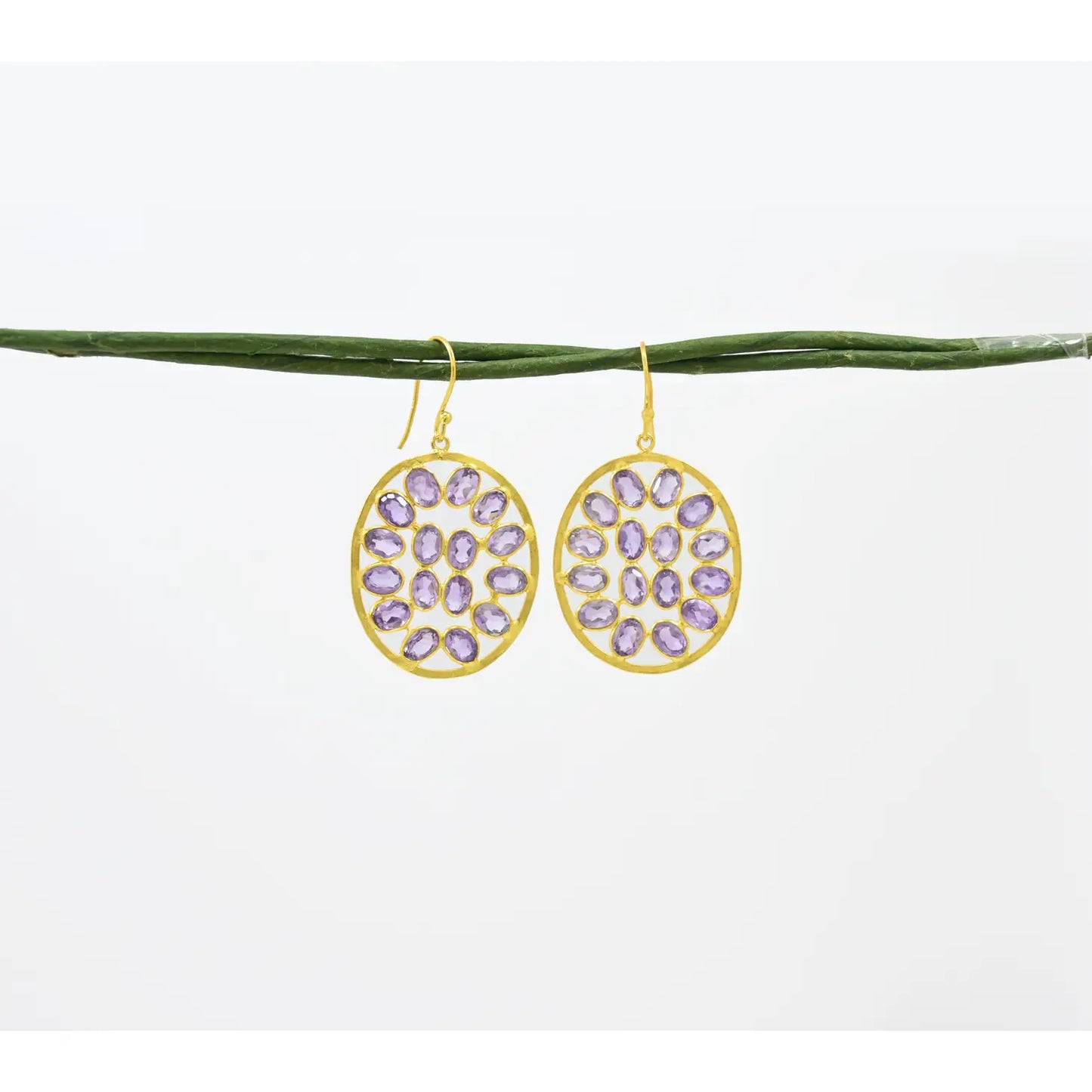 Cluster Oval Earrings Purple Amethyst Gold Silver