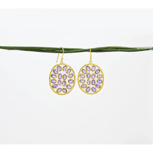 Cluster Oval Earrings Purple Amethyst Gold Silver