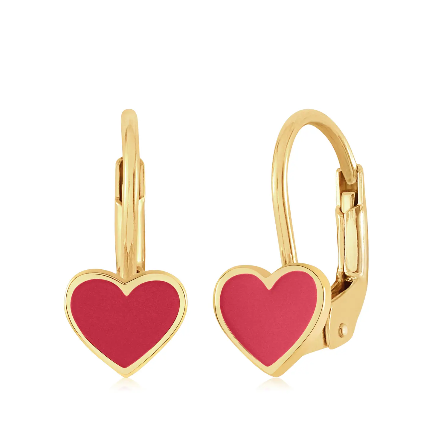 14K Yellow Gold Hot Pink Hanging Heart Earrings